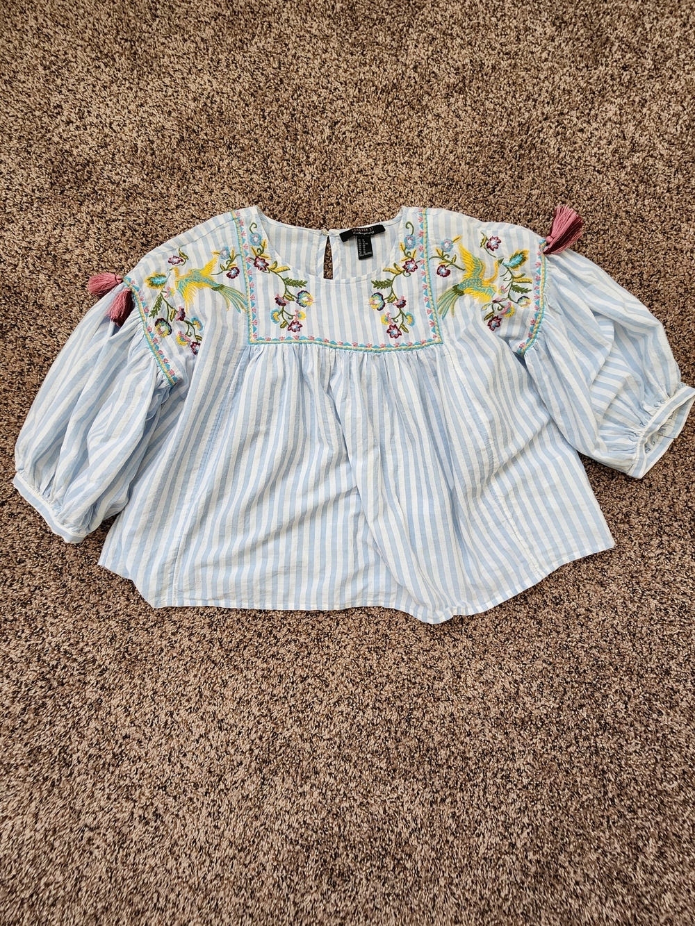 Boho - Chic Embroidered Striped Peasant Blouse in Light Blue & White